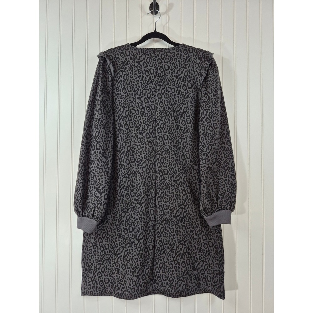 Nine West Leopard Print Ruffle Shoulder V-Neck Sweatshirt Dress Gray Size Large - Picture 2 of 10